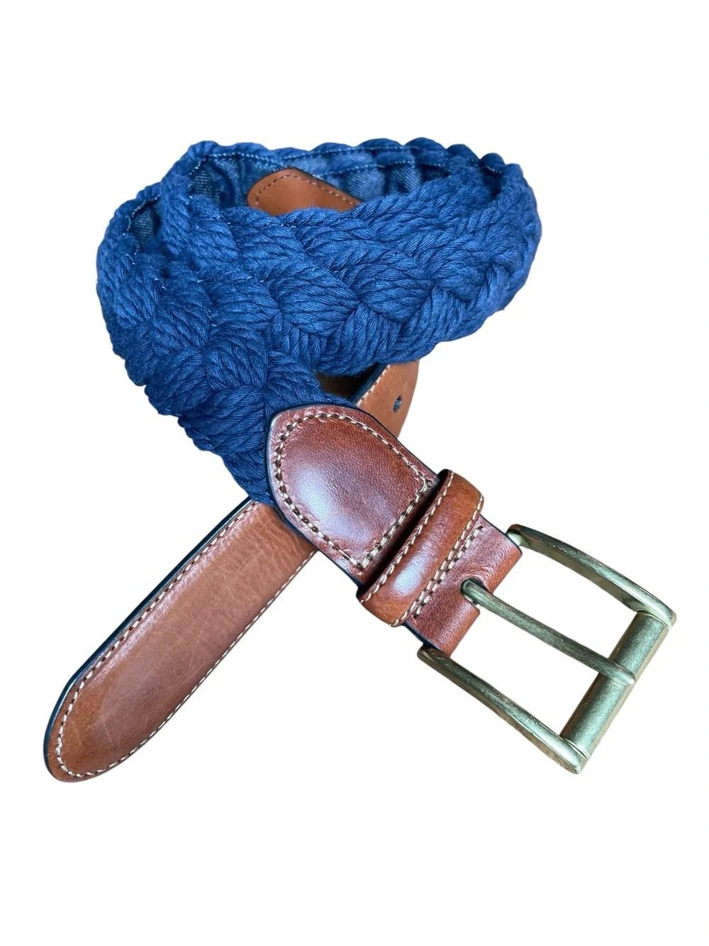 Jos A Bank Woven Leather Cotton Belt Men’s Sz 36 Blue Brown Golf Casual Denim